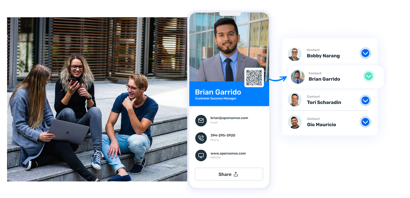 Digital business card for Customer Success Manager Brian Garrido displayed on a mobile screen with his photo, QR code, and contact details. To the right, a contact list highlighting how easy it is to save contacts details. On the left, three people sitting outdoors collaborate using a phone and laptop—illustrating real-world sharing and use of digital business cards.