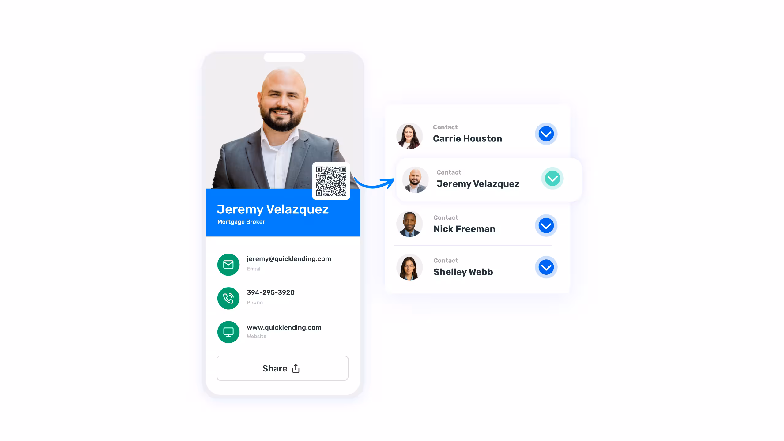 Digital business card for mortgage broker Jeremy Velazquez featuring his photo, QR code, and contact details. An adjacent contact list highlights multiple team members, showing Jeremy selected as the active contact—demonstrating how digital business cards allow for the quick ability to save contacts to your phone.