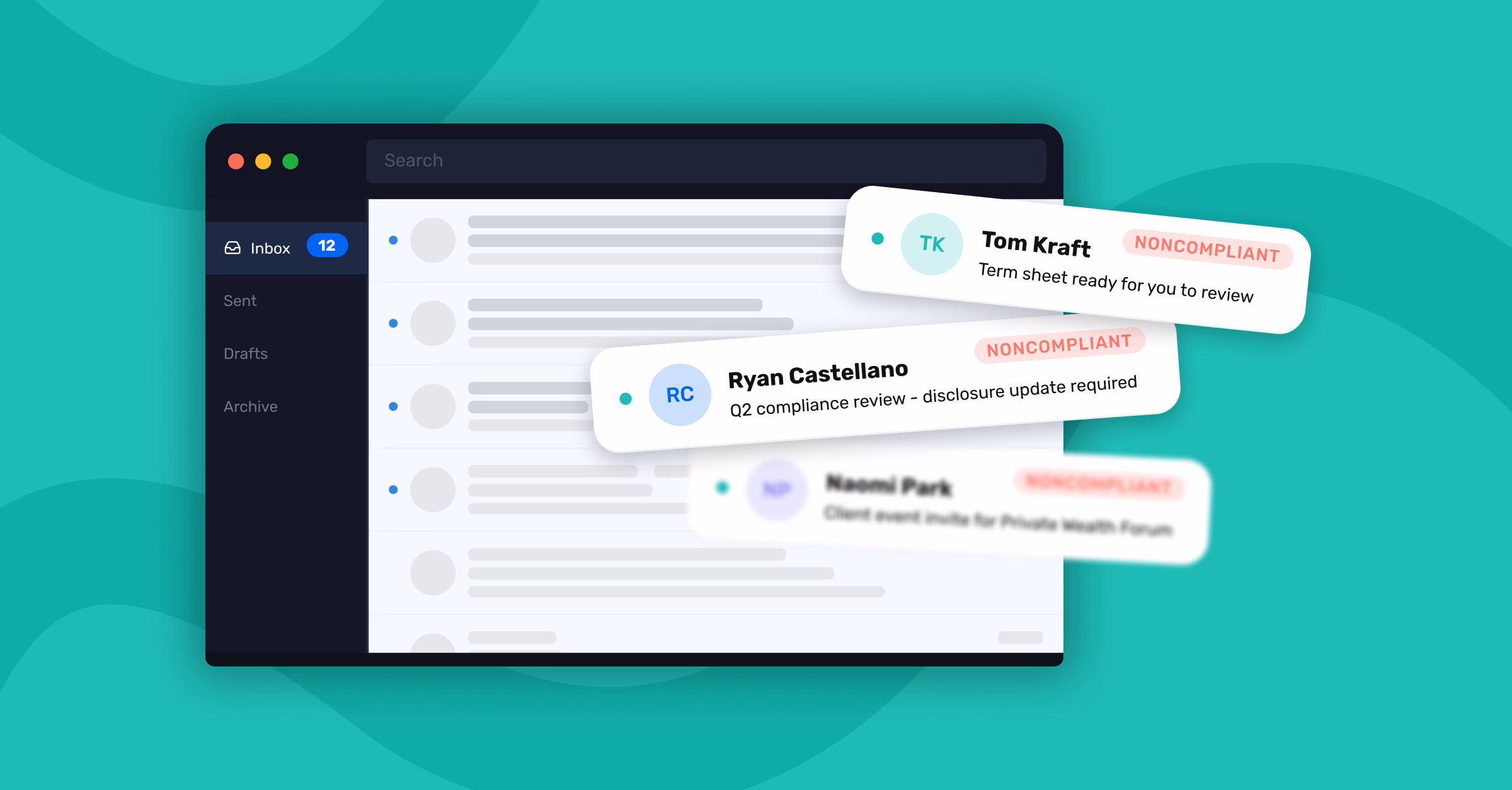 An email inbox interface displaying outbound employee emails flagged with noncompliant labels — illustrating how ungoverned employee email creates compliance exposure at financial institutions.